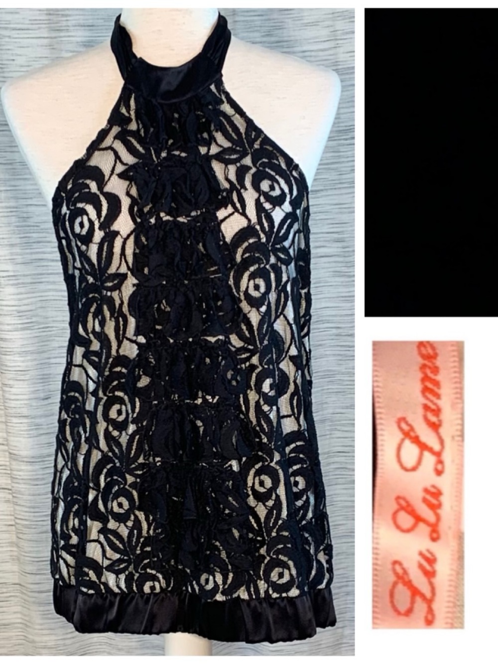 Lu Lu Lame black lace with white lining halter top. - Picture 1 of 15